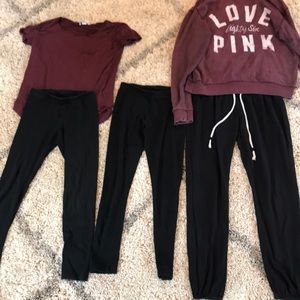Leggings, sweatpants, shirt, and PINK Hoodie:)